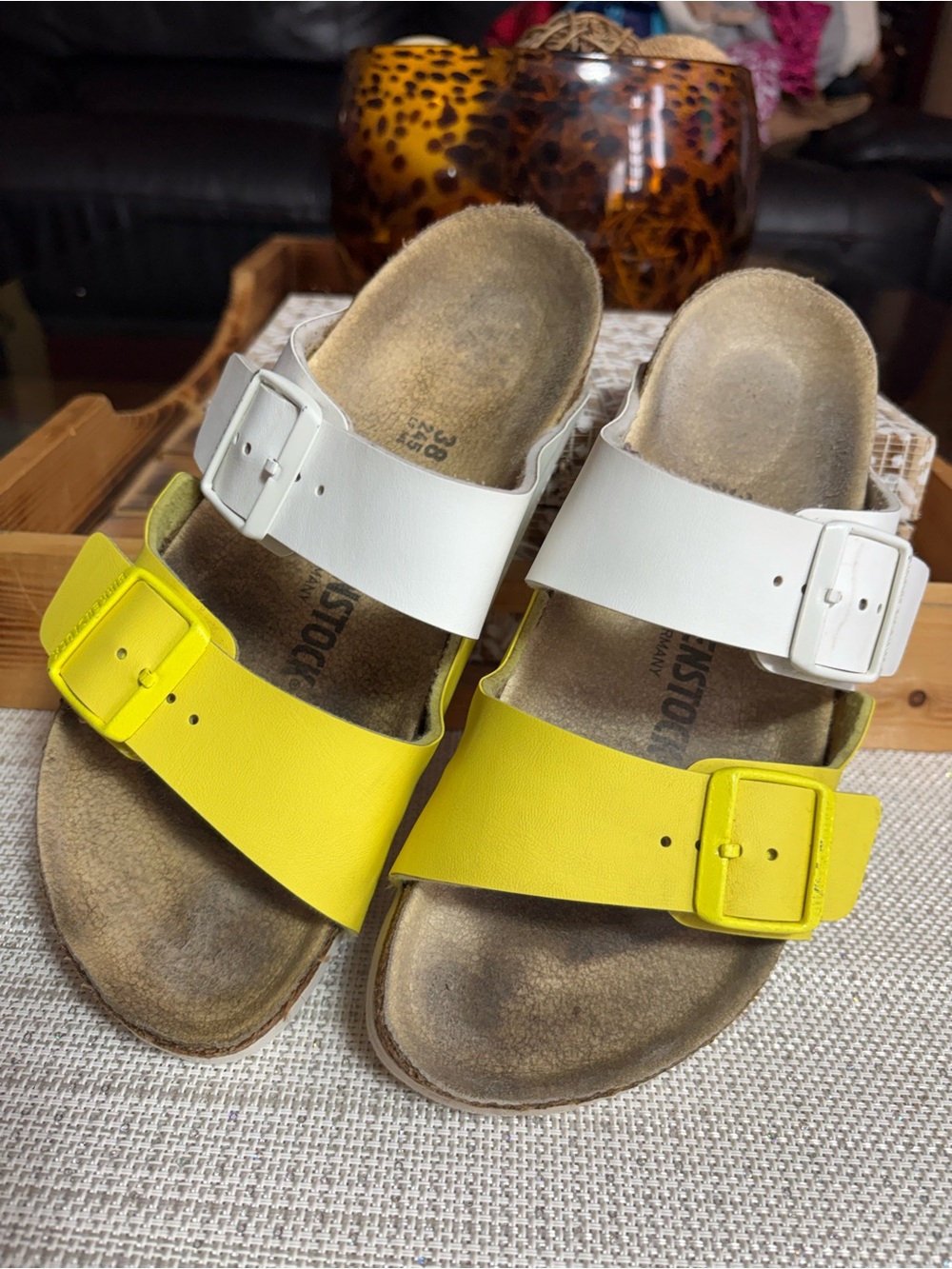 Birkenstock WM.  Two-Band Sandals in Yellow and White SZ. 38/8-8.5 US